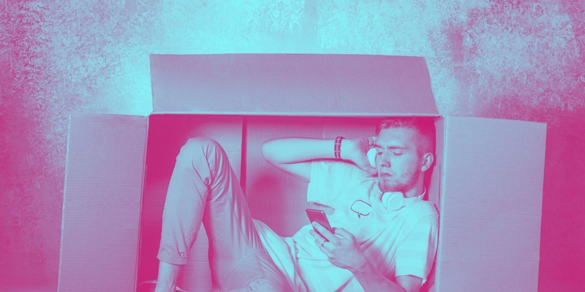 introverted man hiding in box